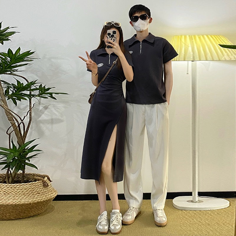 Couple wear summer new one skirt one high-quality Korean version short-sleeved polo shirt dress casual slim long skirt