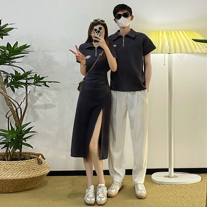 Couple wear summer new one skirt one high-quality Korean version short-sleeved polo shirt dress casual slim long skirt