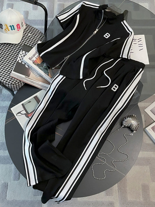Fashionable western style sports and leisure suit women's summer 2023 new fashion cardigan short-sleeved fried street wide-leg pants two-piece set