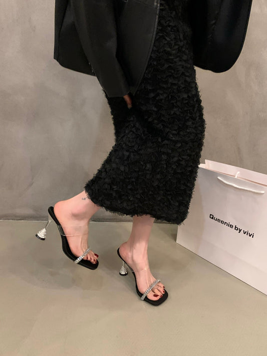 Minority high-end sense transparent belt slipper women's shoes outer wear 2023 summer rhinestone sandals high-heeled sandals