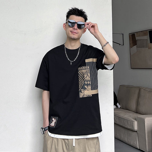 Uncle Gang summer print stitching short-sleeved T-shirt men's round neck trendy brand five-quarter sleeve American casual loose half-sleeved T-shirt