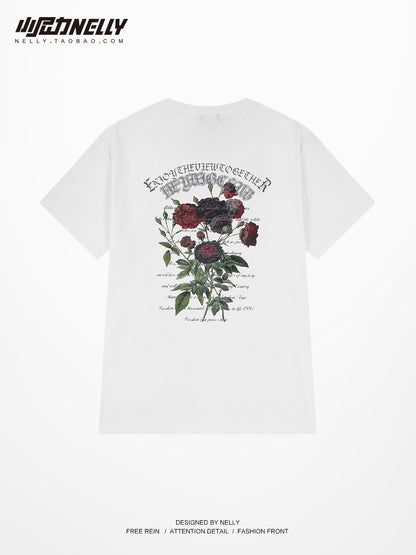 Dark rose print short-sleeved t-shirt male couple tide brand high street three-quarter sleeves summer American high-end clothes