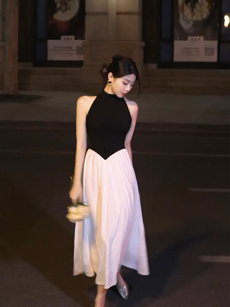 Thirteen and Little French Dress Women's Summer Black and White Contrast Color Stitching Stand Collar Sleeveless High-end Temperament Long Dress
