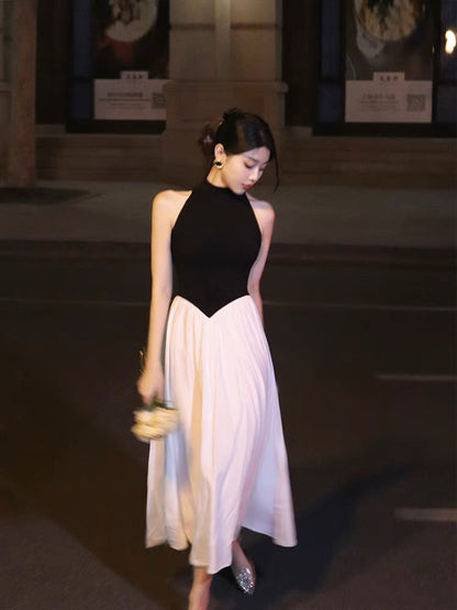 Thirteen and Little French Dress Women's Summer Black and White Contrast Color Stitching Stand Collar Sleeveless High-end Temperament Long Dress