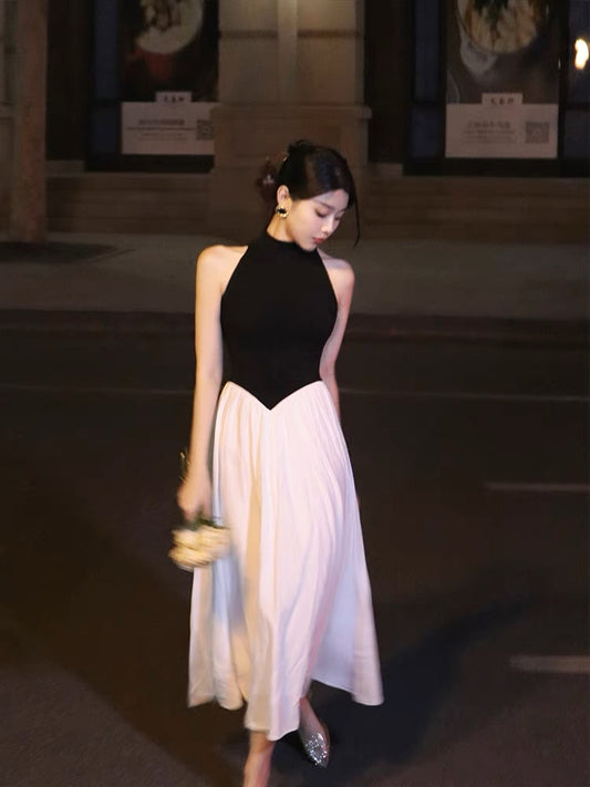 Thirteen and Little French Dress Women's Summer Black and White Contrast Color Stitching Stand Collar Sleeveless High-end Temperament Long Dress