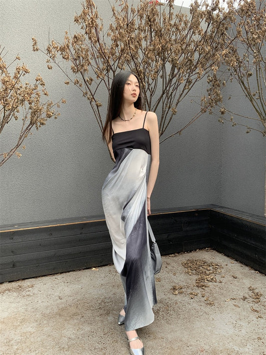 Tea break platycodon french knitted stitching waist hanging ink printing suspender dress female summer 2023 new style