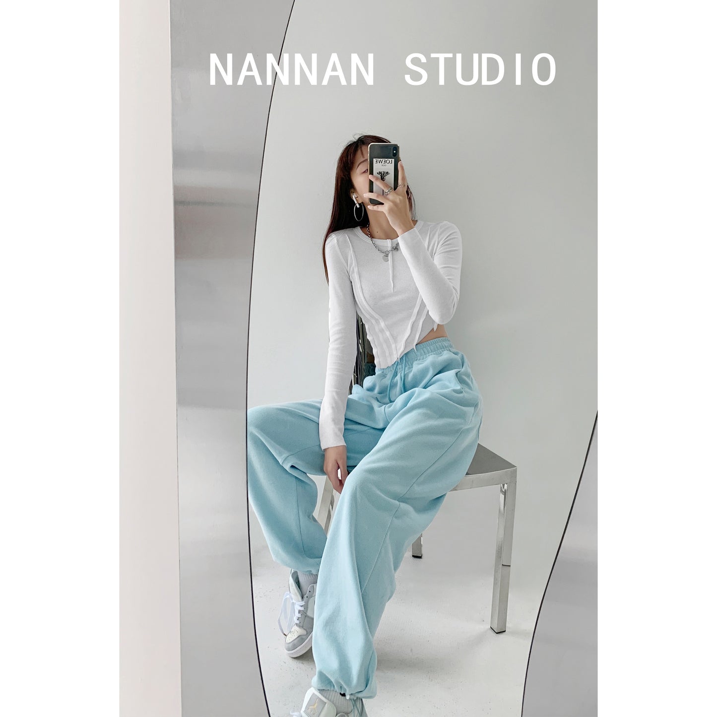 Spring and autumn baby blue sports pants women's high waist loose drawstring trousers casual slim straight leg pants trendy