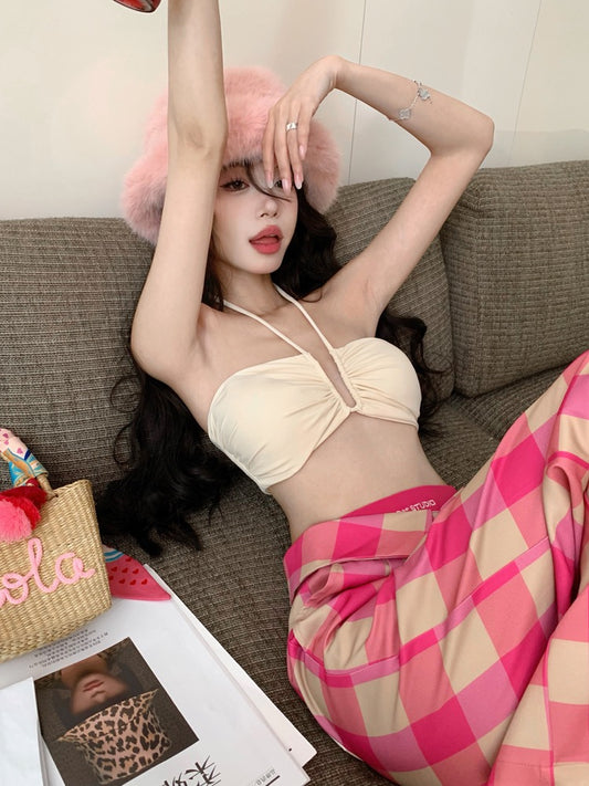 Sexy Babes Bikini Halter Neck Camisole Suit Women's Summer Plaid Wide Leg Casual Trousers Two-piece Set