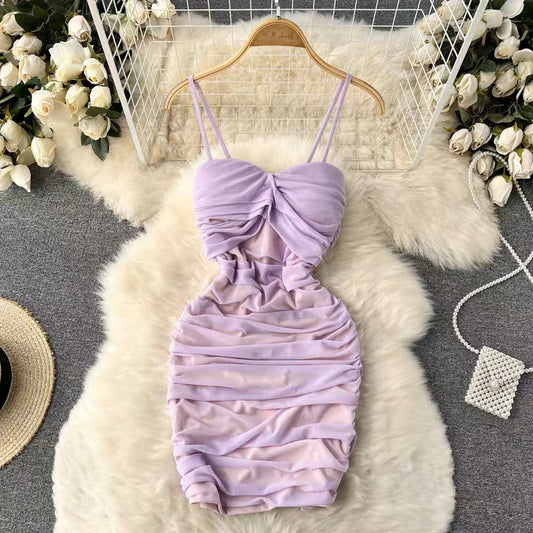 Sexy babes temperament hanging neck pleated drawstring dress design sense niche scheming bag hip pure desire small dress skirt