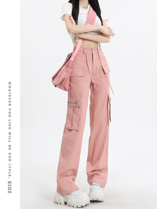 American hiphop pink overalls women's 2023 new summer high street loose straight wide-leg all-match casual pants