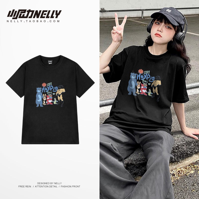 Ins tops for men and women 2023 new Korean version of cartoon printing loose T-shirt mid-length casual short-sleeved T-shirt half-sleeved