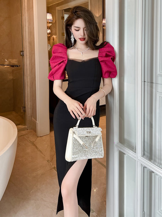 French stitching dragon fruit color puff sleeve dress summer retro self-cultivation royal sister style elegant slit bag hip skirt