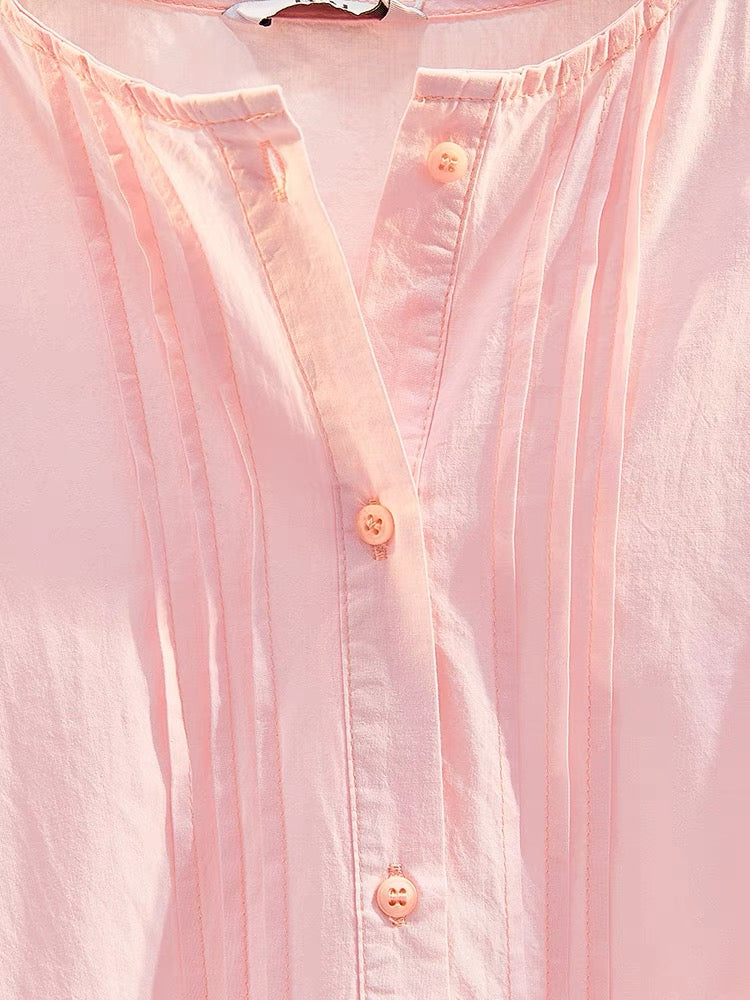 Round neck pink lantern sleeve doll shirt female 2023 summer new Korean fan art loose casual shirt shirt top