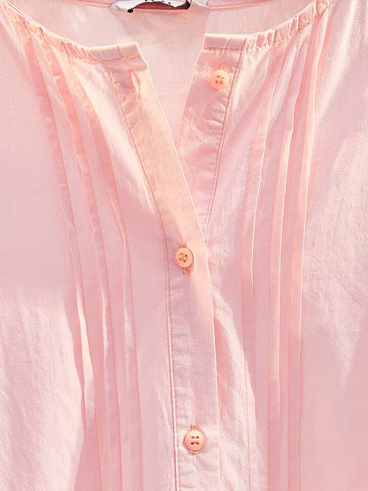 Round neck pink lantern sleeve doll shirt female 2023 summer new Korean fan art loose casual shirt shirt top