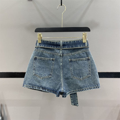 2023 Summer New Irregular Retro Denim Skirt Women's Fake Two-Piece Hakama Slim A-Line Wide-leg Shorts