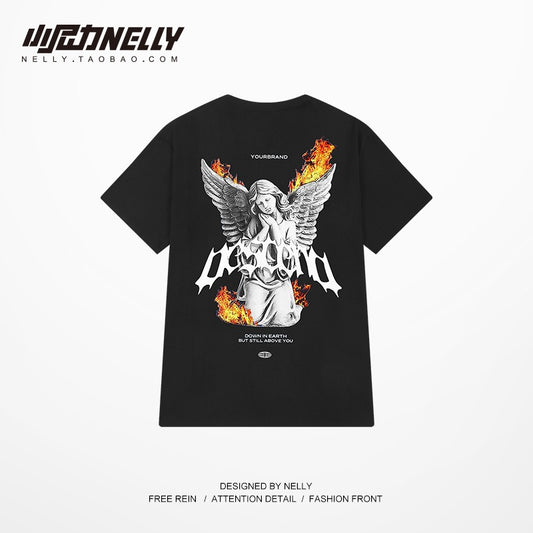 American high street round neck t-shirt men's loose large size short-sleeved trendy brand ins all-match summer hip-hop half-sleeved top thin section