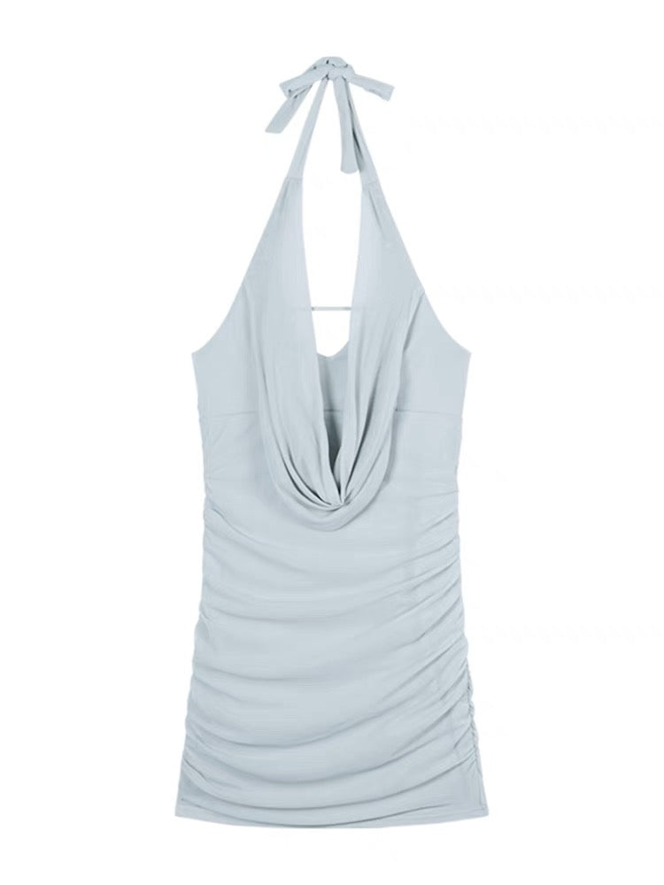 Stitching mesh sleeveless v-neck halter neck dress female summer sexy pure desire hot girl skirt solid color hip skirt