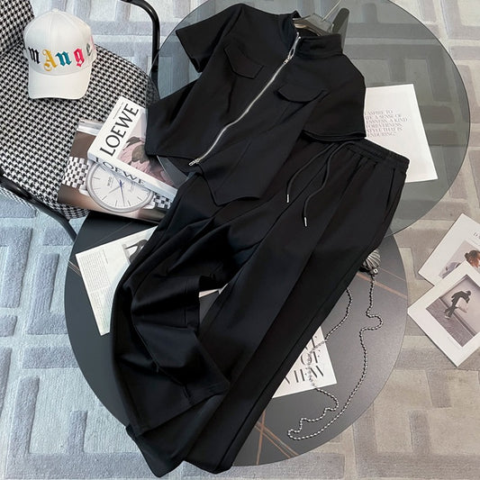 Fashionable age-reducing sports and leisure suit women's summer suit 2023 new design short-sleeved popular wide-leg pants two-piece suit