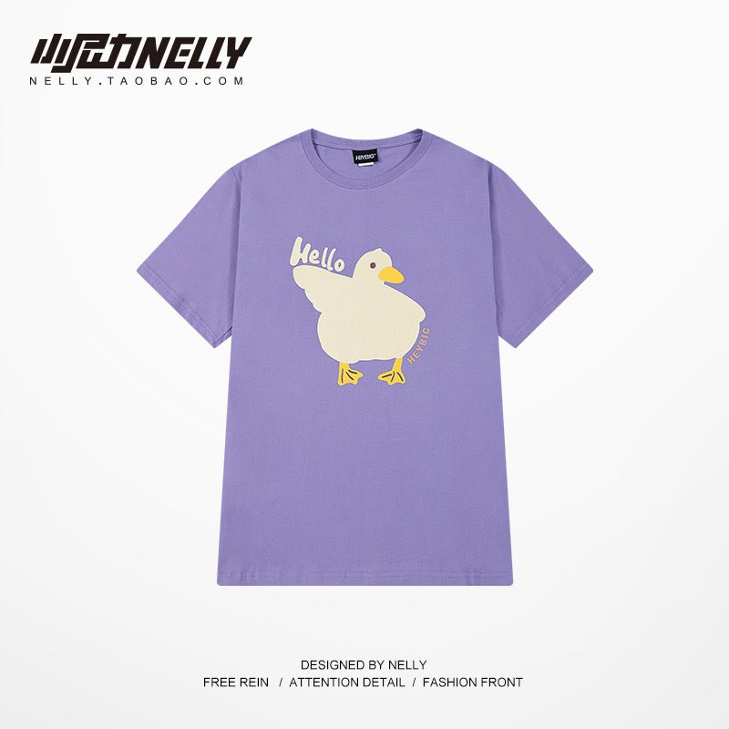 American oversize trendy brand cartoon duckling print short-sleeved t-shirt men's all-match casual loose cotton half-sleeves