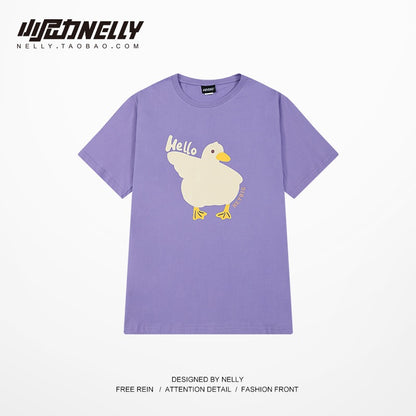 American oversize trendy brand cartoon duckling print short-sleeved t-shirt men's all-match casual loose cotton half-sleeves