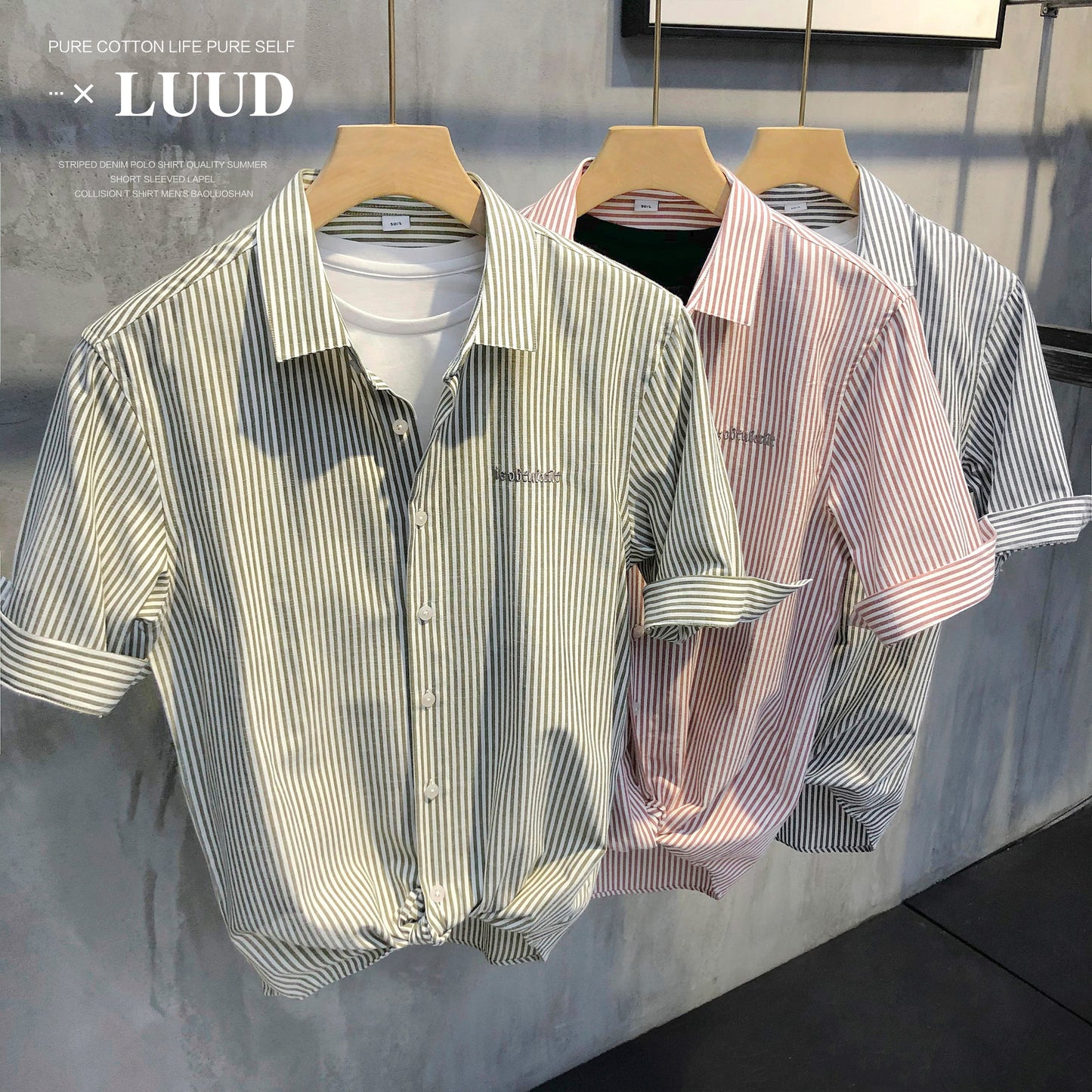 LUUD Original Light Luxury Casual Striped Shirt Trendy Men's Simple Versatile Lapel Inch Clothes Mid-Sleeve Embroidered Shirt Summer