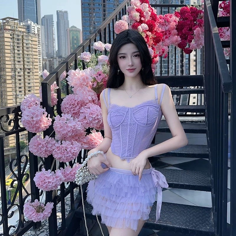 Sexy lace sling corsage fish bone see-through top + straps fluffy ballet cake skirt two-piece set 3039