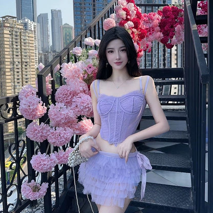 Sexy lace sling corsage fish bone see-through top + straps fluffy ballet cake skirt two-piece set 3039