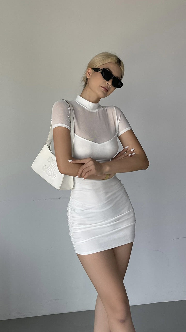 Iya Black mesh stitching dress women's summer new high waist self-cultivation sexy hot girl pleated hip skirt