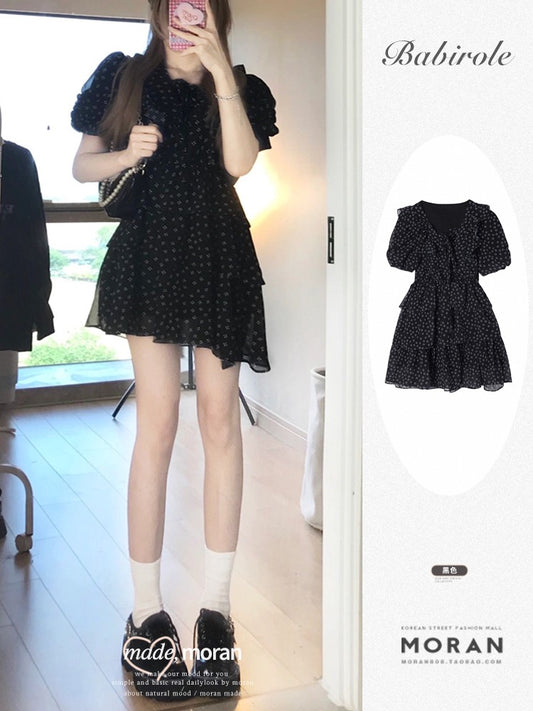 French Tea Break Girl Puff Sleeve Cake Dress Floral Dress Bandage Summer Slim Waist Slim Temperament First Love Dating