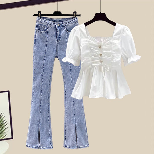 Light cooked style women's suit Hong Kong style French sweet white shirt and denim flared pants Western style age-reducing two-piece suit