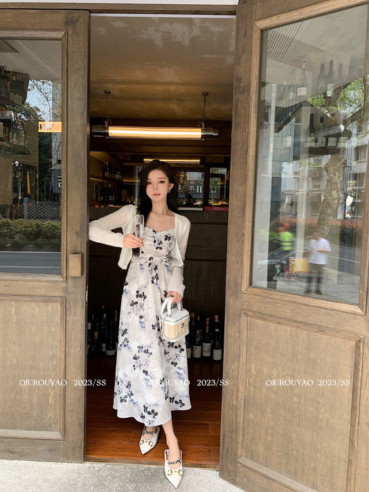 Qiu Rouyao 2023 summer new flower floral sling dress women's new Chinese style temperament waist long skirt