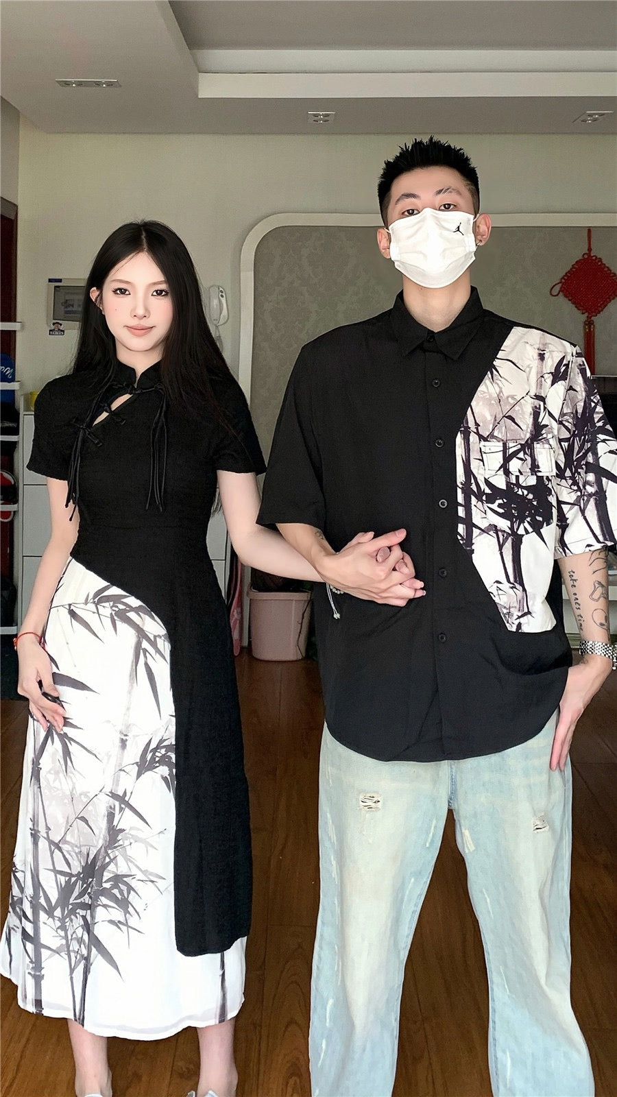 New Chinese style couple clothes summer niche design sense short-sleeved shirt women's cheongsam dress French one skirt one clothes tide