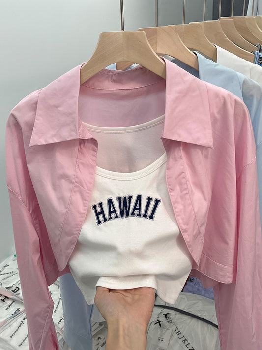 Short two-piece sunscreen shirt female design sense niche spring and autumn unique chic chic with suspenders collarbone top
