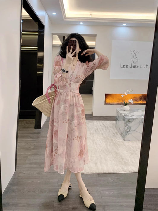 Leathercat Dress Spring Dress Women's 2023 New French Floral Long Dress Temperament Waist Slim Skirt