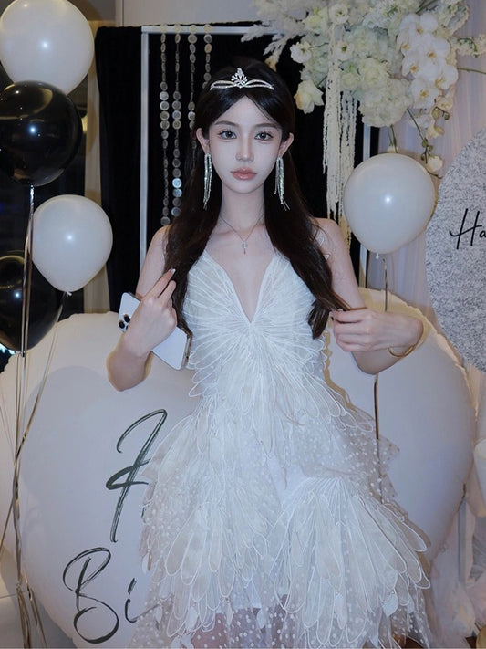 White dress niche design irregular sexy v-neck birthday small dress suspender skirt high-quality texture