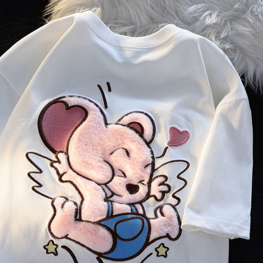 JWNEED plush little mouse t-shirt men and women loose simple cute 3D three-dimensional high-quality couple short-sleeved summer