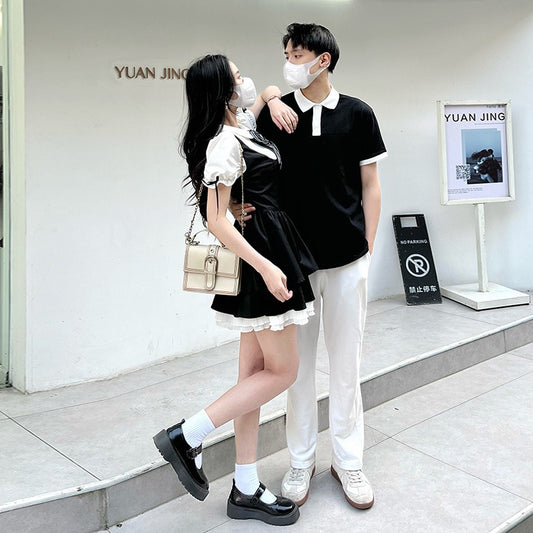 Couple wear summer dress 2023 new Korean version of niche design sense polo collar short-sleeved T-shirt female fake two-piece dress