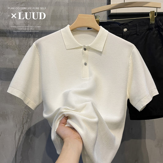 LUUD simple solid color high-quality texture knitted lapel POLO shirt men's breathable all-match trendy loose men's tops