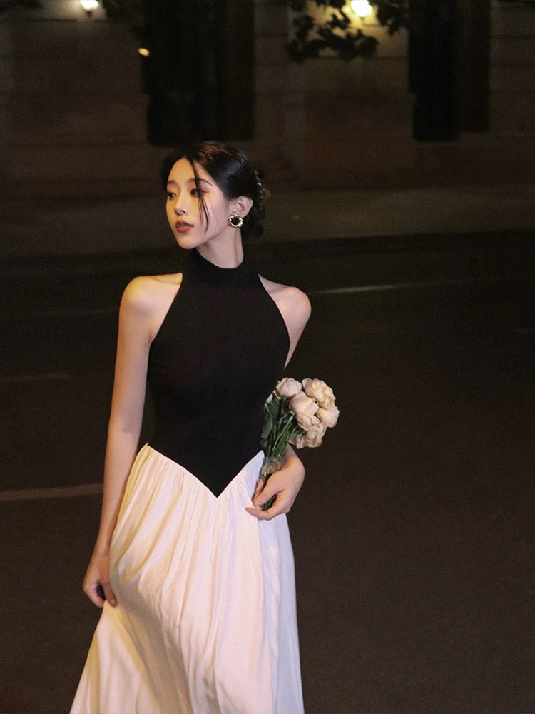 Thirteen and Little French Dress Women's Summer Black and White Contrast Color Stitching Stand Collar Sleeveless High-end Temperament Long Dress
