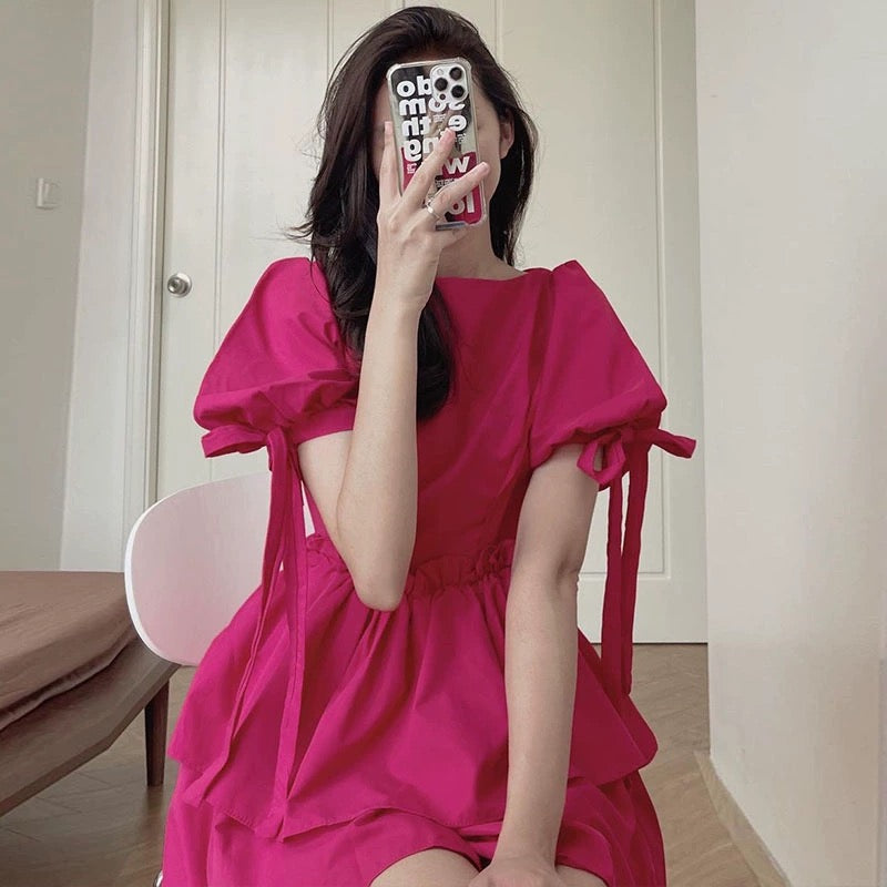 Korean chic summer foreign style age-reducing round neck ruffled high waist slimming tie puff sleeve dress short skirt female