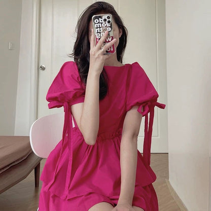 Korean chic summer foreign style age-reducing round neck ruffled high waist slimming tie puff sleeve dress short skirt female