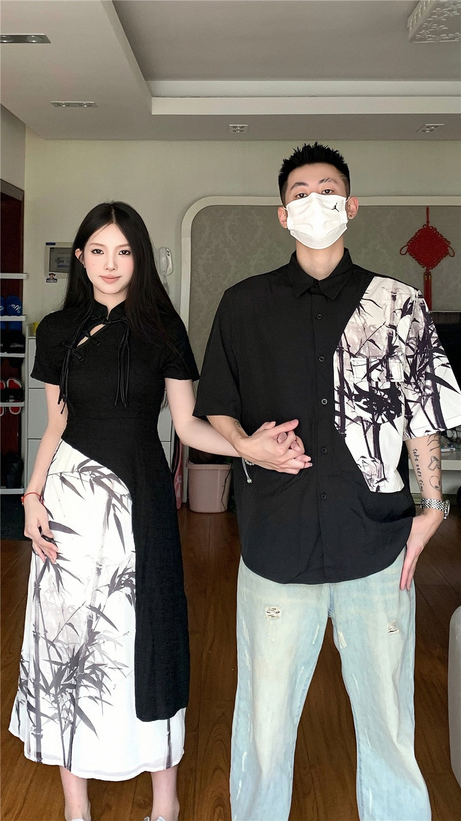 New Chinese style couple clothes summer niche design sense short-sleeved shirt women's cheongsam dress French one skirt one clothes tide