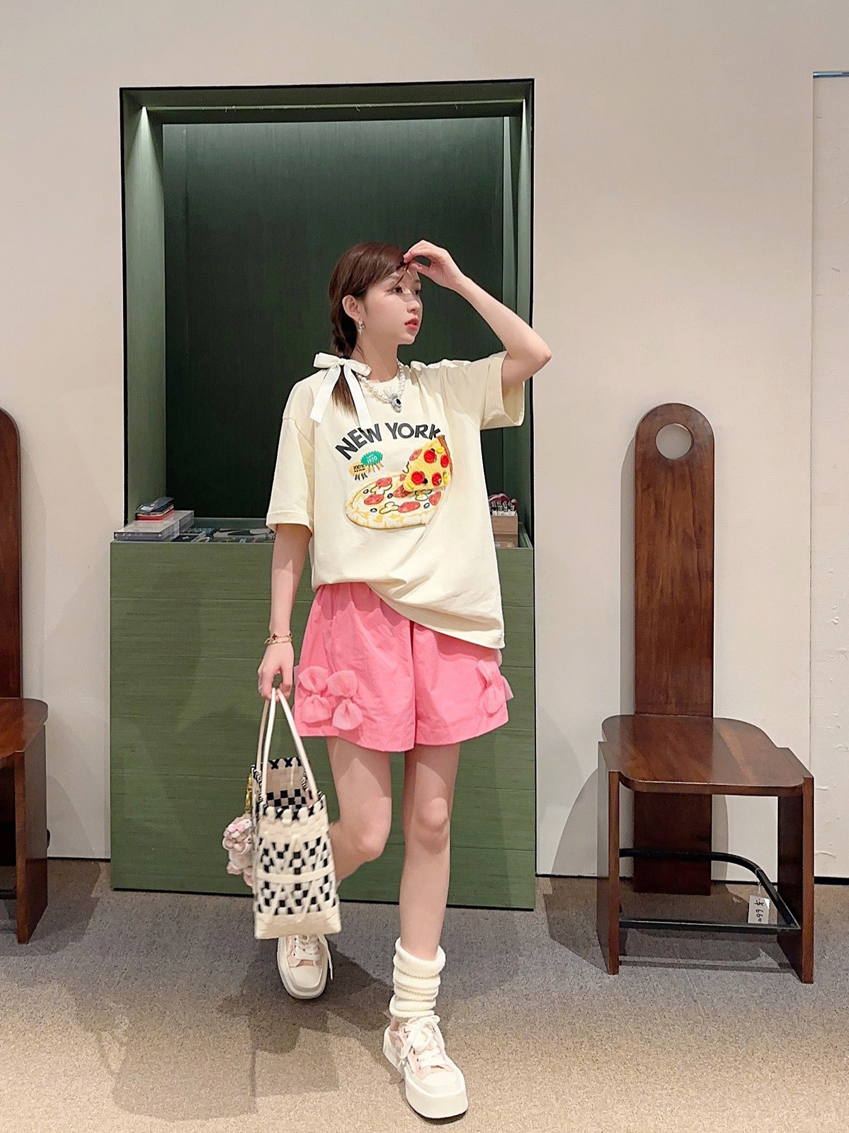 Thebestxue2023 summer new Korean version loose beige pizza pattern crochet short-sleeved t-shirt women's tide