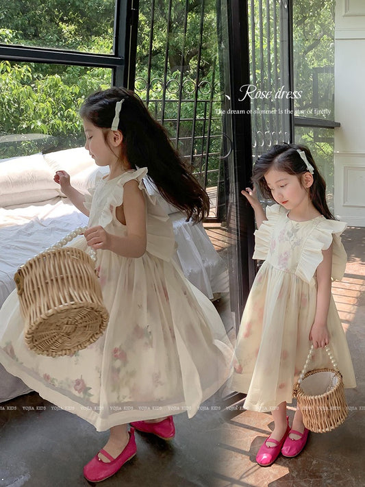Girls flying sleeve dress summer Korean style foreign style children's skirt summer little girl summer fluffy yarn princess dress