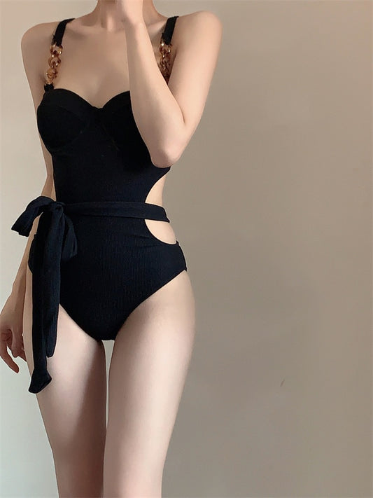 Candygirls black high-end fashion one-piece 2023 new swimsuit women's big breasts steel support gathered to cover belly summer