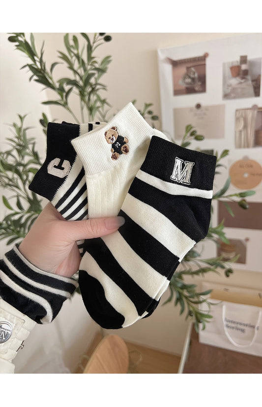Little Bear Embroidered Socks Women Summer Thin Socks Low Top Cotton College Wind Cute Black and White Stripes Korean Letters