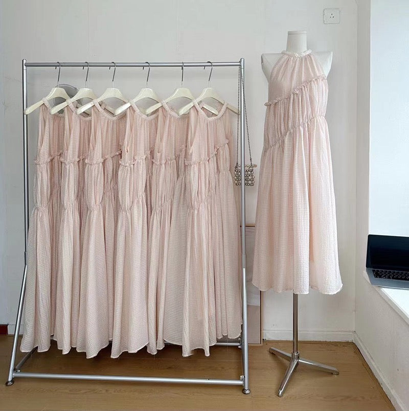 Duolaimei slightly drunk skirt design sense pleated sleeveless dress women's vacation style sweet big skirt chiffon long skirt