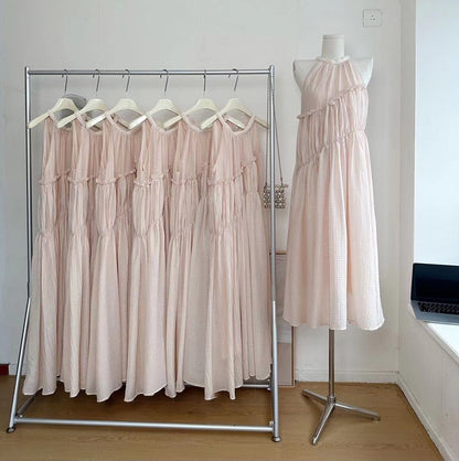 Duolaimei slightly drunk skirt design sense pleated sleeveless dress women's vacation style sweet big skirt chiffon long skirt