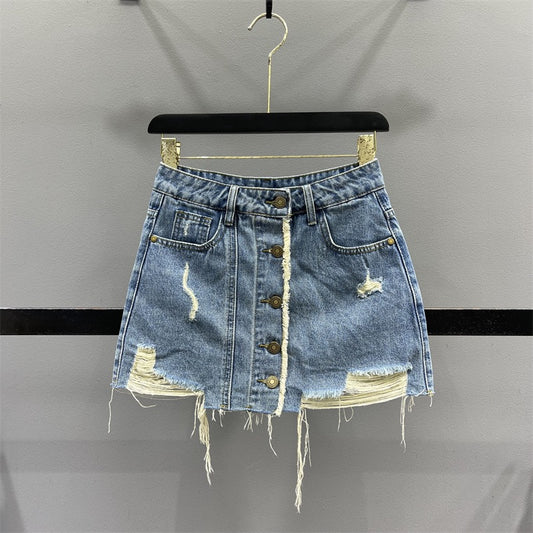 Single-breasted denim skirt women 2023 summer small man with holes and raw edges high waist slim A-line bag hip skirt