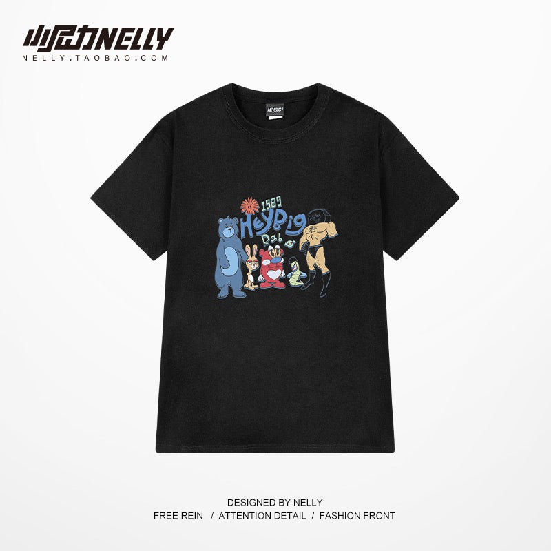 Ins tops for men and women 2023 new Korean version of cartoon printing loose T-shirt mid-length casual short-sleeved T-shirt half-sleeved